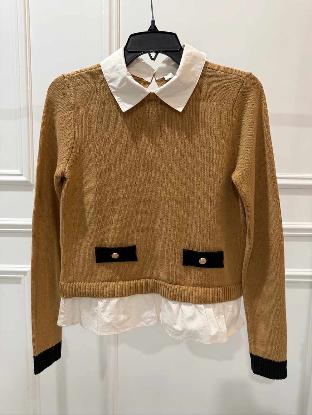 LOFT Camel Crewneck Sweater with White Faux Collar